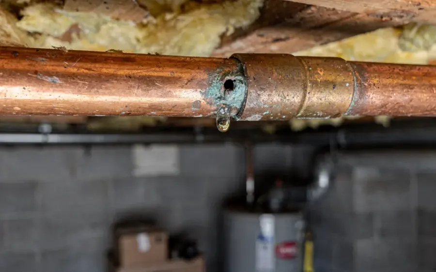 Copper supply pipe dripping from a corroded spot under the floor framing, the failure behind burst pipe cleanup in Encinitas