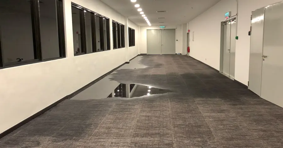 Standing water soaking the carpet of a long office corridor, commercial water damage in Encinitas, CA