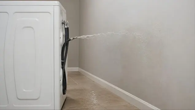 Washing machine supply hose spraying water onto the laundry room floor, appliance leak cleanup in Encinitas